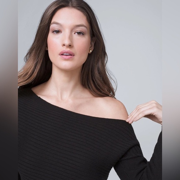 White House Black Market | Black Off-Shoulder Sweater in Metallic Black - Picture 2 of 8